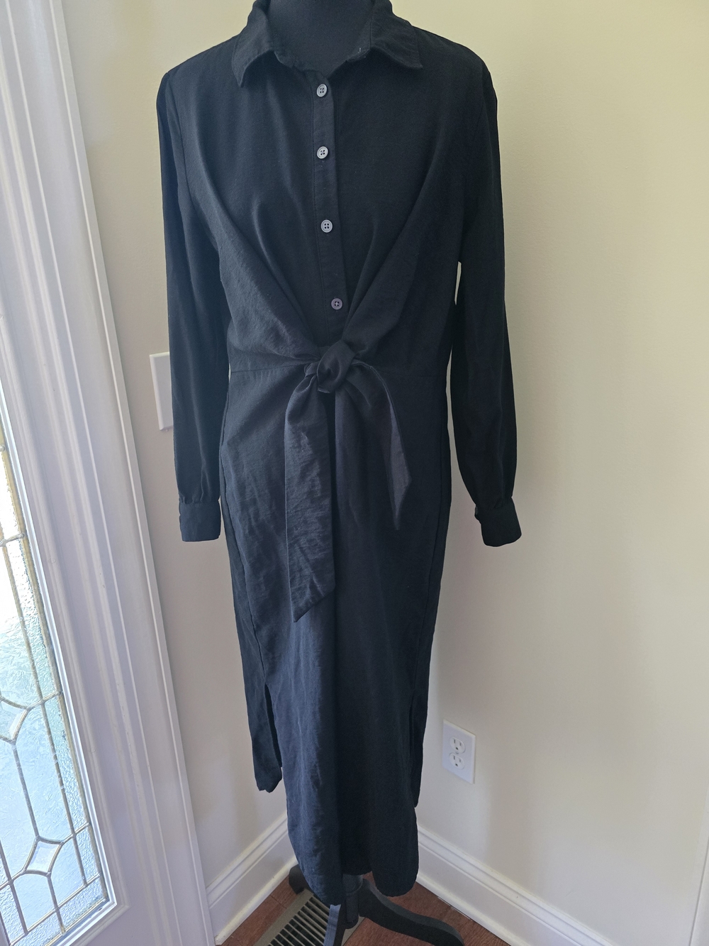 LOFT Black Long-Sleeve Tie-Waist Shirt Dress